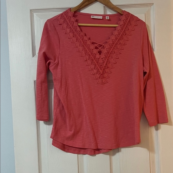 Rafaella Tops - Rafaella Coral Lace V-Neck Blouse